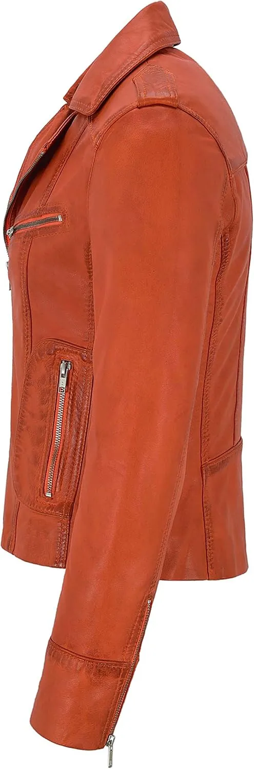 Rider Ladies Leather Jacket Orange Biker Motorcycle Style Soft Real Napa 9823