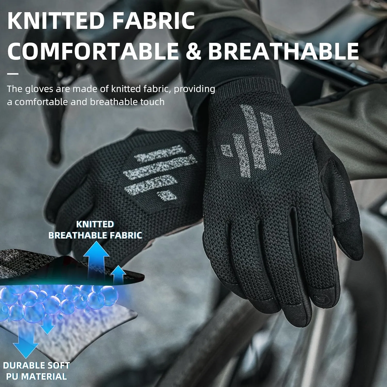 ROCKBROS Mountain Bike Gloves for Men Cycling Glove Touch Screen Anti-Slip Gloves Breathable Knitted Full Finger Bicycle Gloves for MTB Road Biking Outdoor Working Black Reflective Spring Autumn