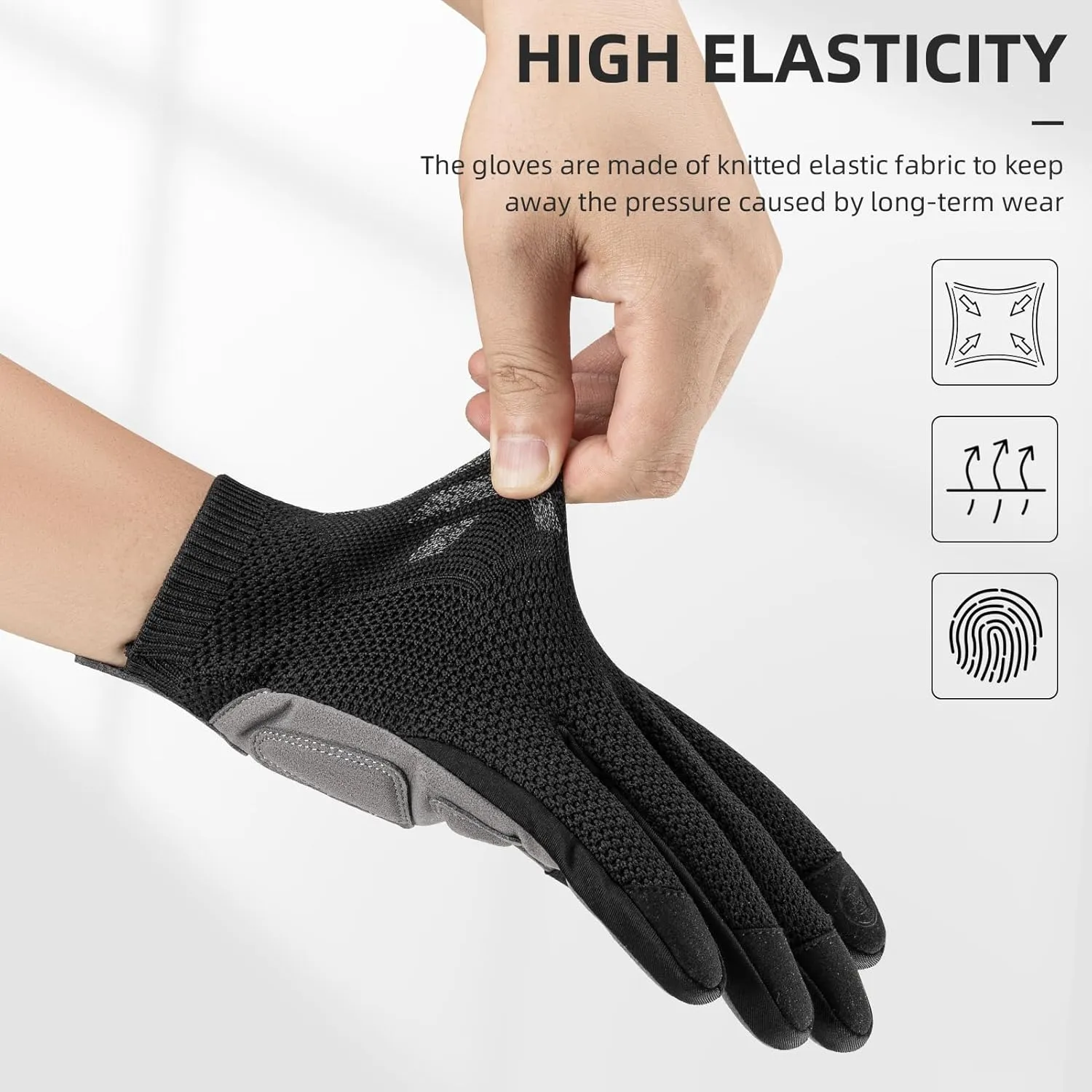 ROCKBROS Mountain Bike Gloves for Men Cycling Glove Touch Screen Anti-Slip Gloves Breathable Knitted Full Finger Bicycle Gloves for MTB Road Biking Outdoor Working Black Reflective Spring Autumn