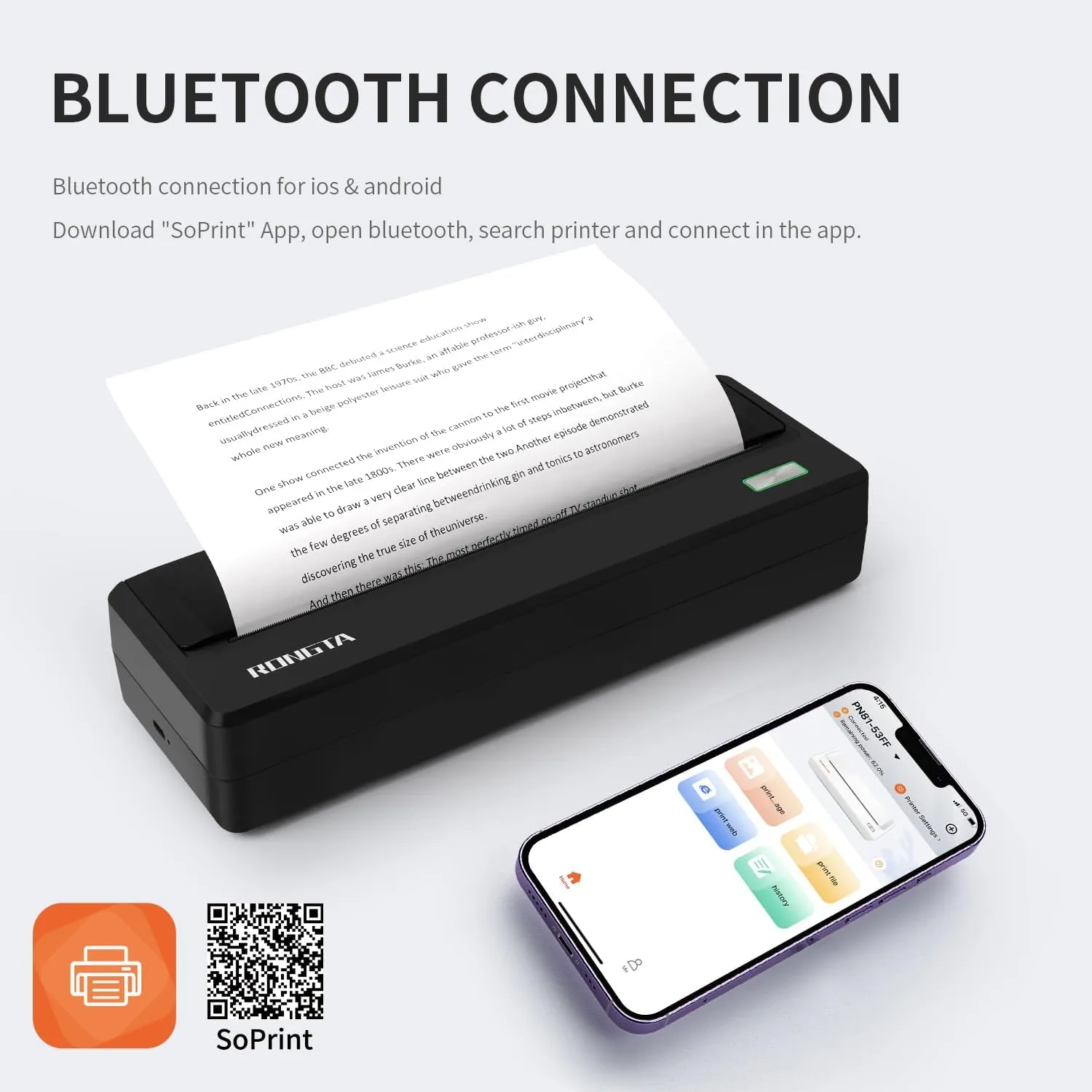 Rongta Portable Printer Wireless for Travel, 300DPI Thermal Inkless Bluetooth Mobile Printer, Support 8.5" X 11" US Letter, Compatible with Android iOS Phone & Laptops (Gray)