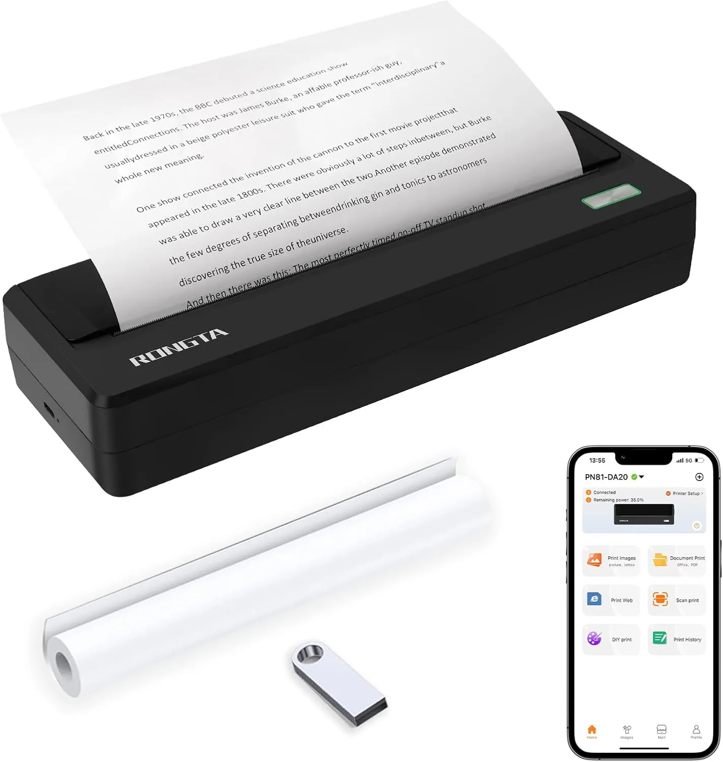 Rongta Portable Printer Wireless for Travel, 300DPI Thermal Inkless Bluetooth Mobile Printer, Support 8.5" X 11" US Letter, Compatible with Android iOS Phone & Laptops (Gray)