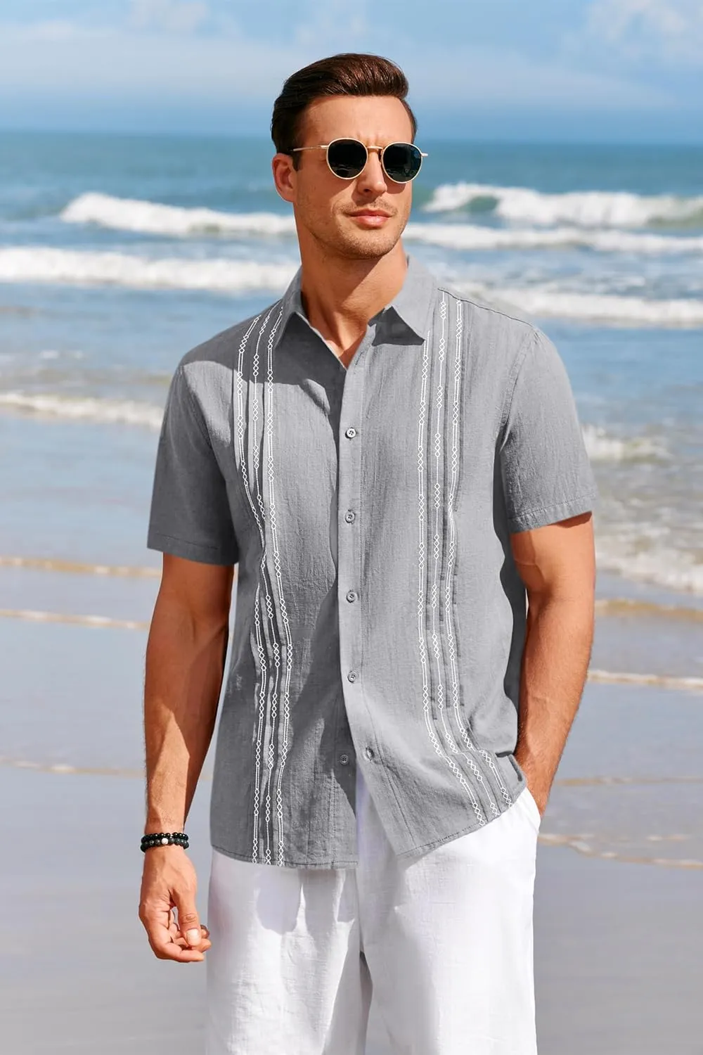 Runcati Mens Short Sleeve Guayabera Shirts Linen Cotton Button Down Mexican Embroidered Cuban Wedding Shirt Summer Beach Tops