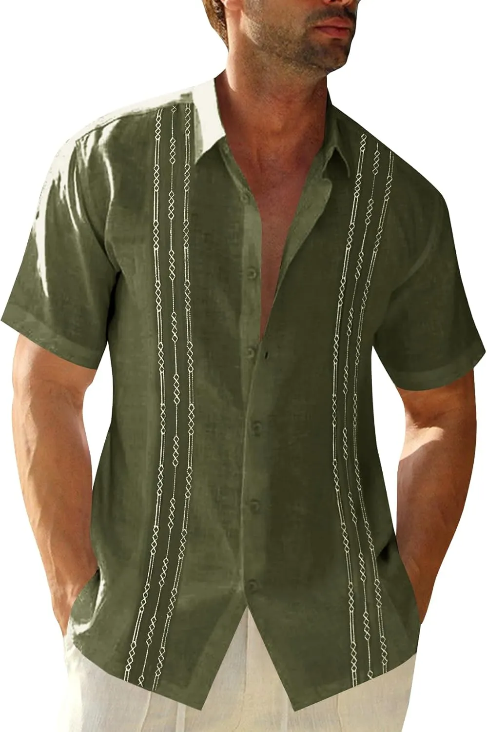 Runcati Mens Short Sleeve Guayabera Shirts Linen Cotton Button Down Mexican Embroidered Cuban Wedding Shirt Summer Beach Tops