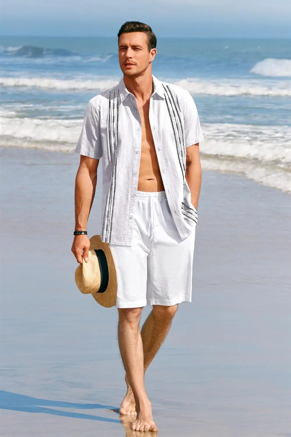 Runcati Mens Short Sleeve Guayabera Shirts Linen Cotton Button Down Mexican Embroidered Cuban Wedding Shirt Summer Beach Tops