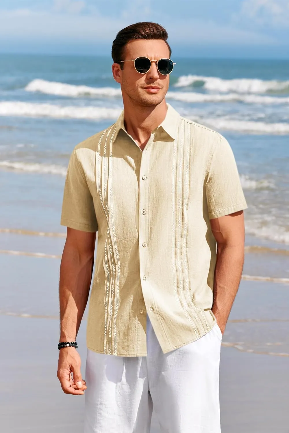 Runcati Mens Short Sleeve Guayabera Shirts Linen Cotton Button Down Mexican Embroidered Cuban Wedding Shirt Summer Beach Tops