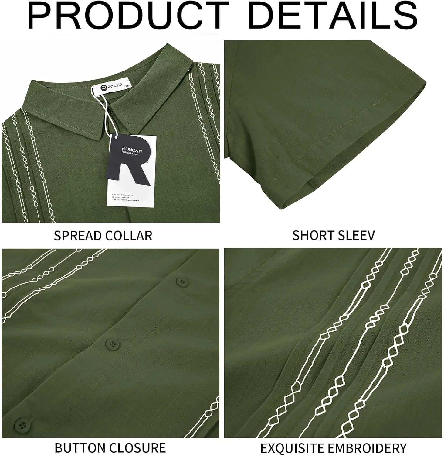 Runcati Mens Short Sleeve Guayabera Shirts Linen Cotton Button Down Mexican Embroidered Cuban Wedding Shirt Summer Beach Tops