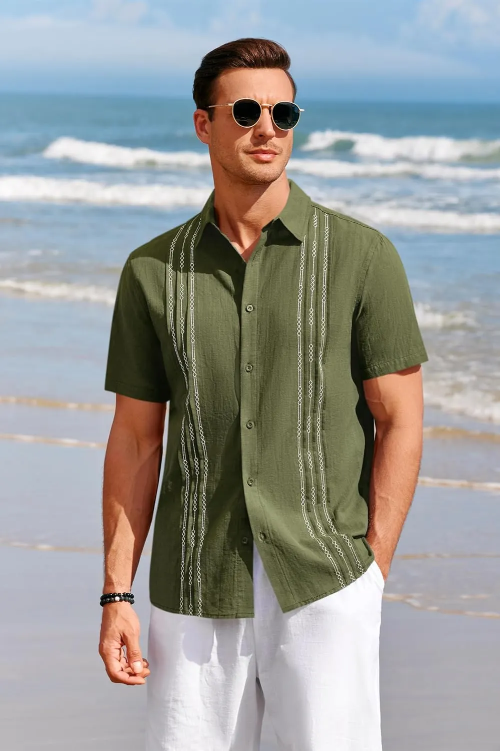 Runcati Mens Short Sleeve Guayabera Shirts Linen Cotton Button Down Mexican Embroidered Cuban Wedding Shirt Summer Beach Tops