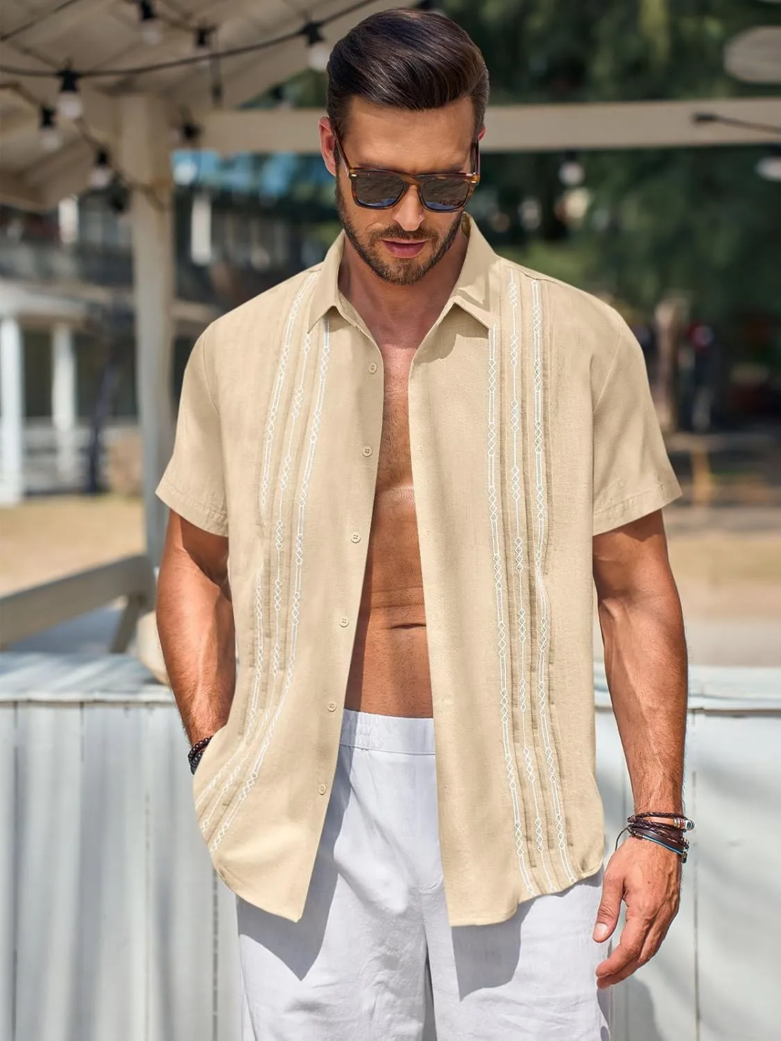 Runcati Mens Short Sleeve Guayabera Shirts Linen Cotton Button Down Mexican Embroidered Cuban Wedding Shirt Summer Beach Tops