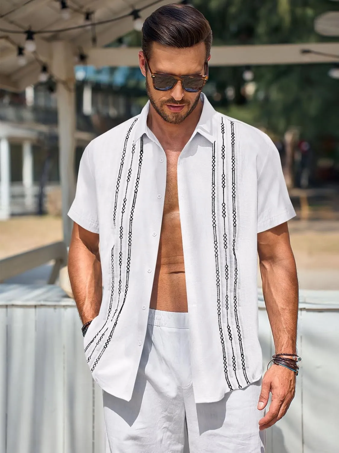 Runcati Mens Short Sleeve Guayabera Shirts Linen Cotton Button Down Mexican Embroidered Cuban Wedding Shirt Summer Beach Tops