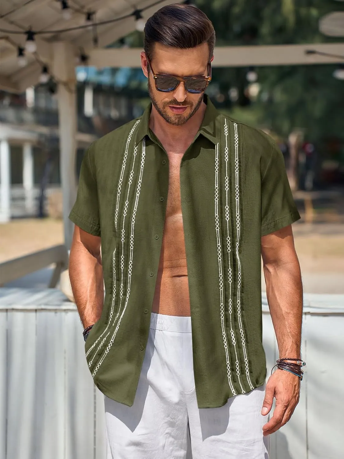 Runcati Mens Short Sleeve Guayabera Shirts Linen Cotton Button Down Mexican Embroidered Cuban Wedding Shirt Summer Beach Tops