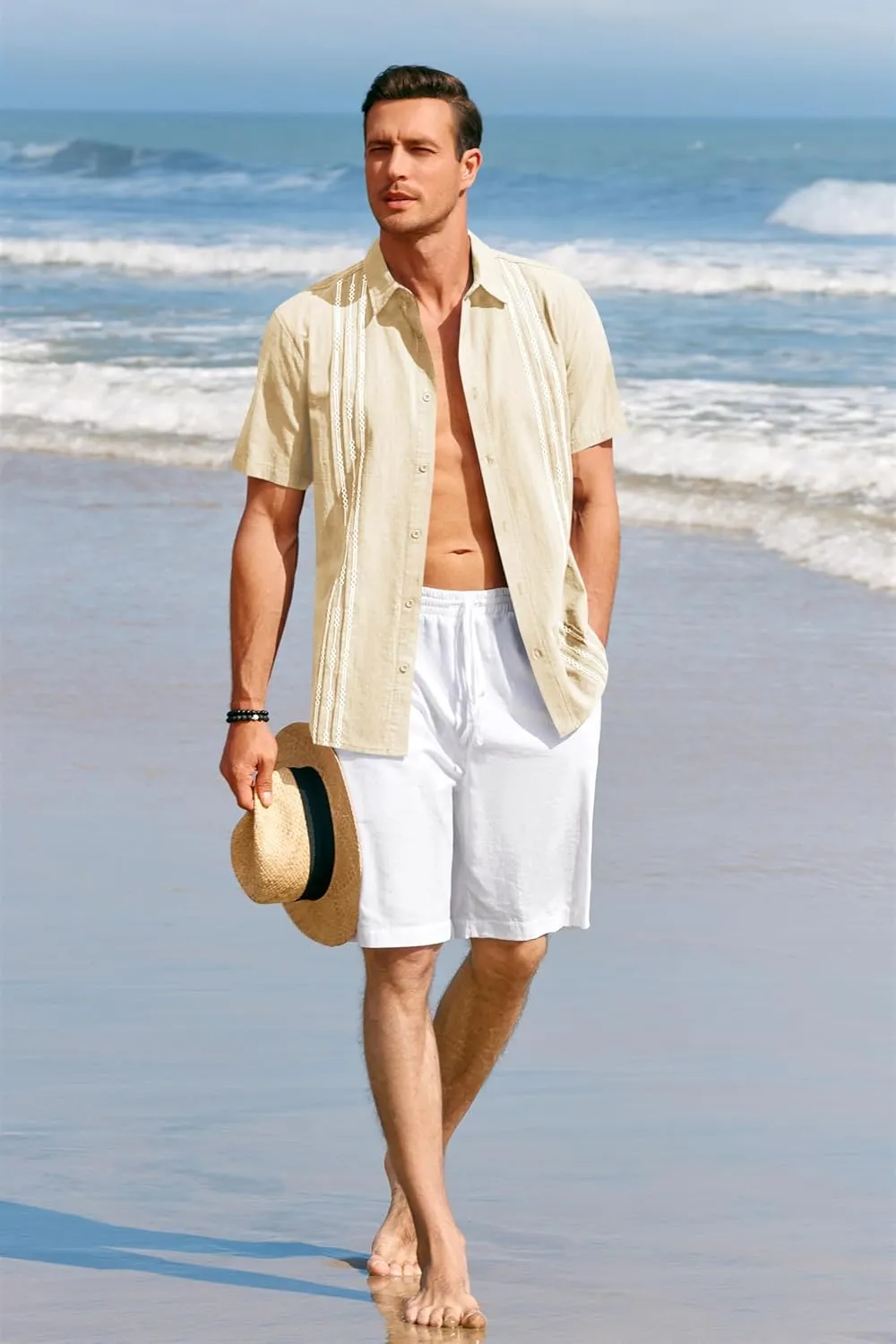 Runcati Mens Short Sleeve Guayabera Shirts Linen Cotton Button Down Mexican Embroidered Cuban Wedding Shirt Summer Beach Tops