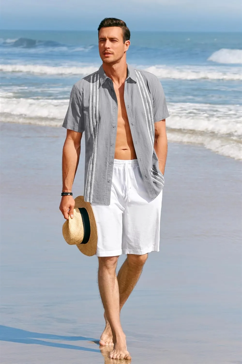 Runcati Mens Short Sleeve Guayabera Shirts Linen Cotton Button Down Mexican Embroidered Cuban Wedding Shirt Summer Beach Tops