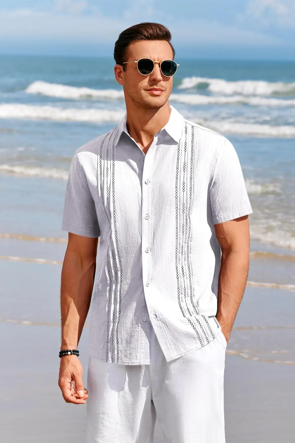 Runcati Mens Short Sleeve Guayabera Shirts Linen Cotton Button Down Mexican Embroidered Cuban Wedding Shirt Summer Beach Tops