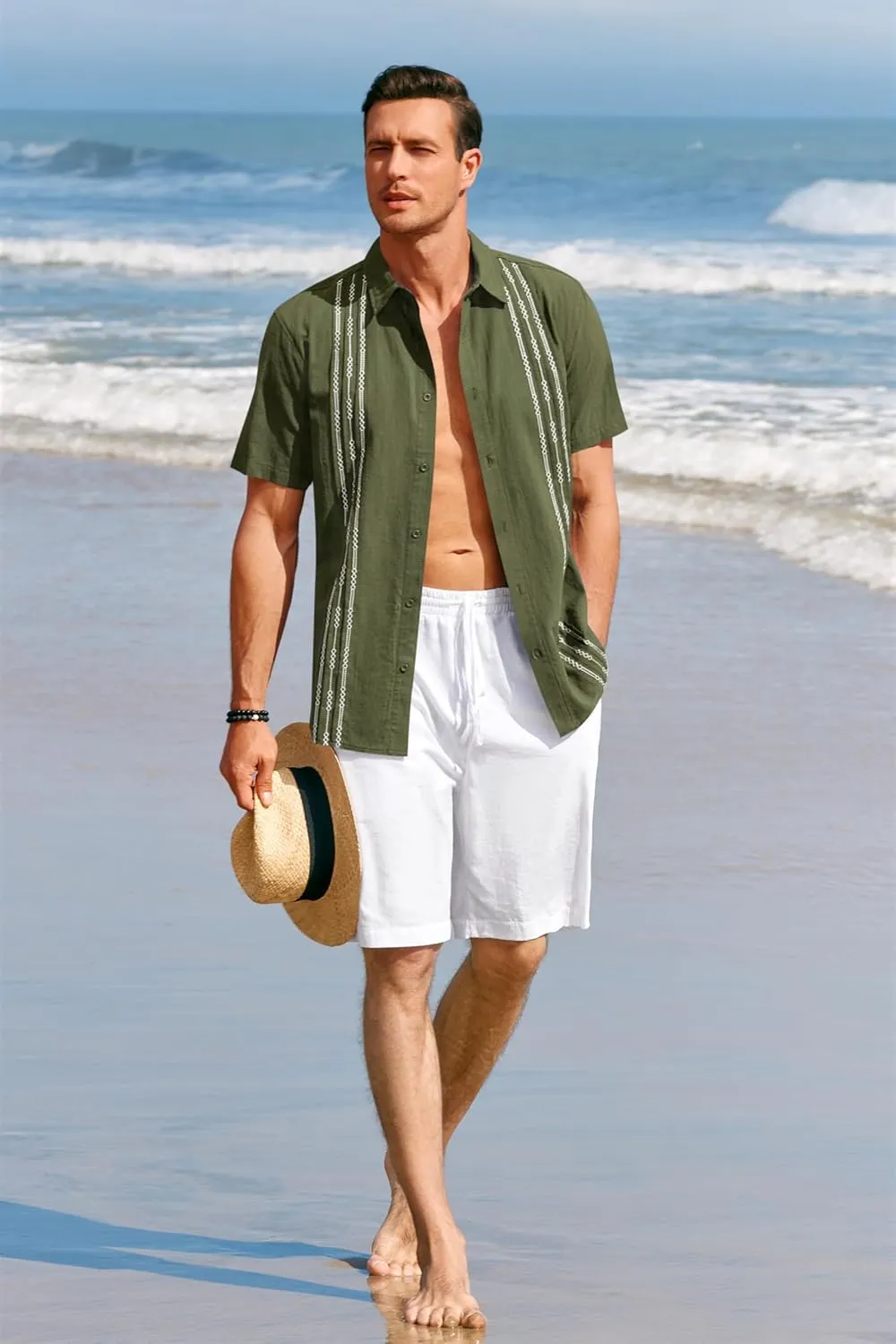 Runcati Mens Short Sleeve Guayabera Shirts Linen Cotton Button Down Mexican Embroidered Cuban Wedding Shirt Summer Beach Tops