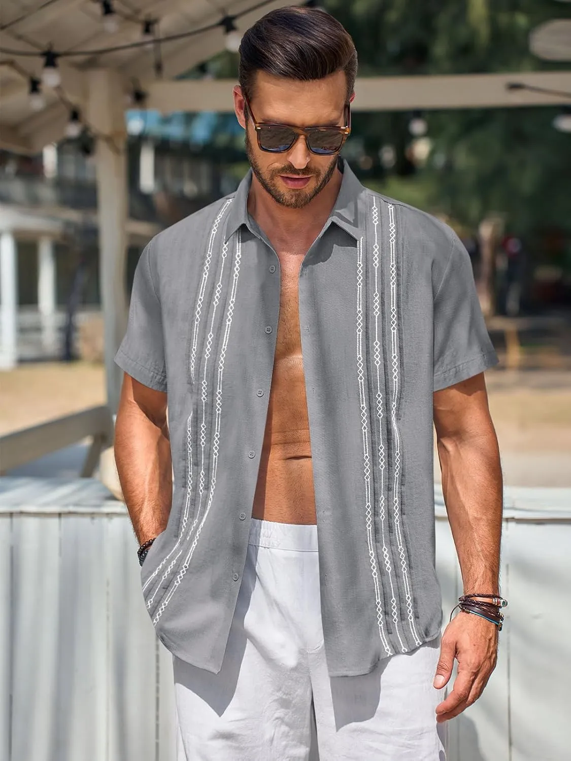 Runcati Mens Short Sleeve Guayabera Shirts Linen Cotton Button Down Mexican Embroidered Cuban Wedding Shirt Summer Beach Tops