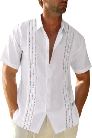 Runcati Mens Short Sleeve Guayabera Shirts Linen Cotton Button Down Mexican Embroidered Cuban Wedding Shirt Summer Beach Tops