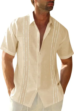 Runcati Mens Short Sleeve Guayabera Shirts Linen Cotton Button Down Mexican Embroidered Cuban Wedding Shirt Summer Beach Tops