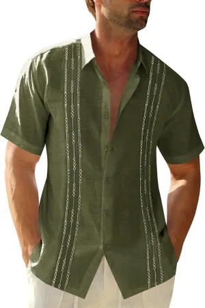 Runcati Mens Short Sleeve Guayabera Shirts Linen Cotton Button Down Mexican Embroidered Cuban Wedding Shirt Summer Beach Tops