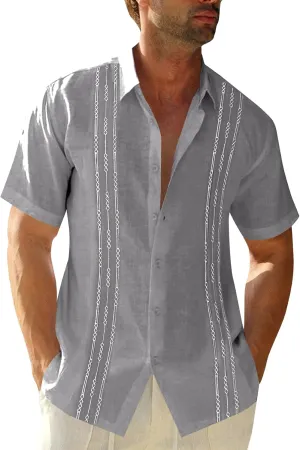 Runcati Mens Short Sleeve Guayabera Shirts Linen Cotton Button Down Mexican Embroidered Cuban Wedding Shirt Summer Beach Tops