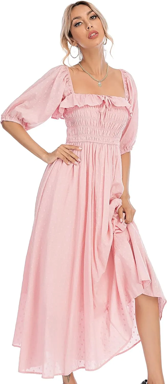 R.Vivimos Women Summer Half Sleeve Cotton Ruffled Vintage Elegant Backless A Line Flowy Long Dresses