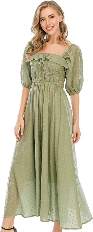 R.Vivimos Women Summer Half Sleeve Cotton Ruffled Vintage Elegant Backless A Line Flowy Long Dresses