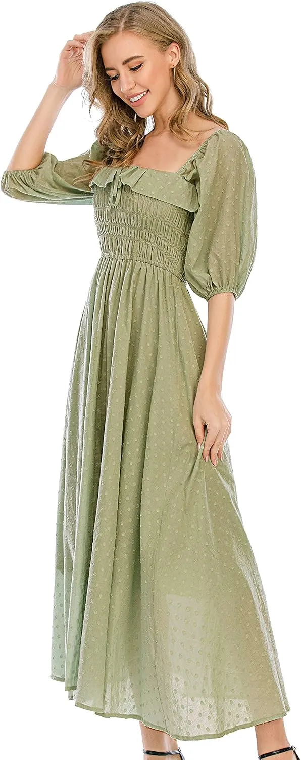 R.Vivimos Women Summer Half Sleeve Cotton Ruffled Vintage Elegant Backless A Line Flowy Long Dresses