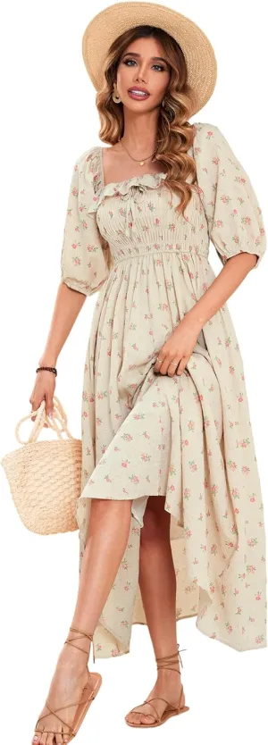 R.Vivimos Women Summer Half Sleeve Cotton Ruffled Vintage Elegant Backless A Line Flowy Long Dresses