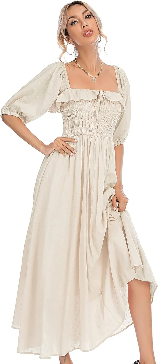 R.Vivimos Women Summer Half Sleeve Cotton Ruffled Vintage Elegant Backless A Line Flowy Long Dresses