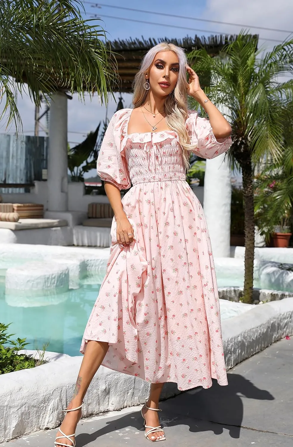 R.Vivimos Women Summer Half Sleeve Cotton Ruffled Vintage Elegant Backless A Line Flowy Long Dresses