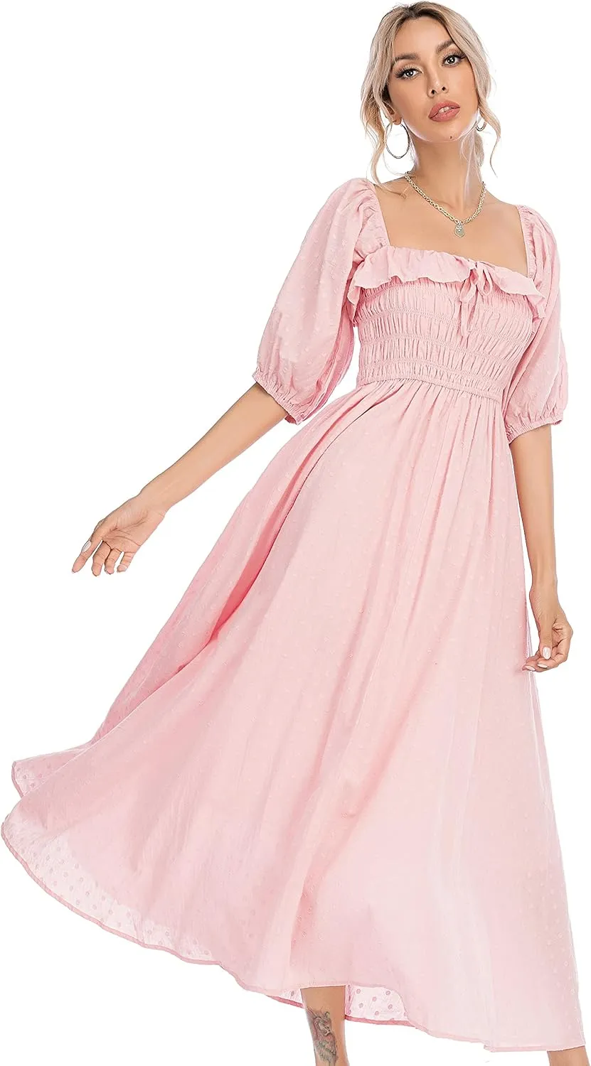 R.Vivimos Women Summer Half Sleeve Cotton Ruffled Vintage Elegant Backless A Line Flowy Long Dresses