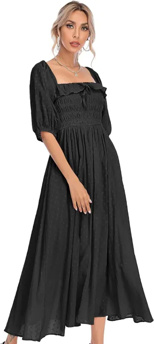 R.Vivimos Women Summer Half Sleeve Cotton Ruffled Vintage Elegant Backless A Line Flowy Long Dresses