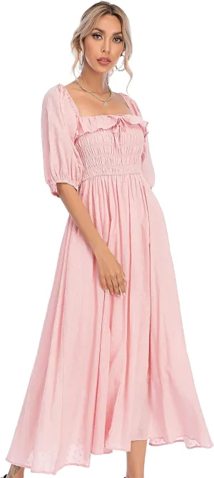 R.Vivimos Women Summer Half Sleeve Cotton Ruffled Vintage Elegant Backless A Line Flowy Long Dresses