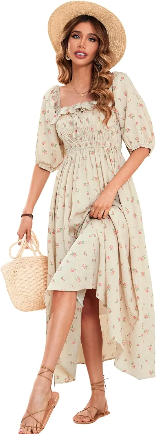 R.Vivimos Women Summer Half Sleeve Cotton Ruffled Vintage Elegant Backless A Line Flowy Long Dresses