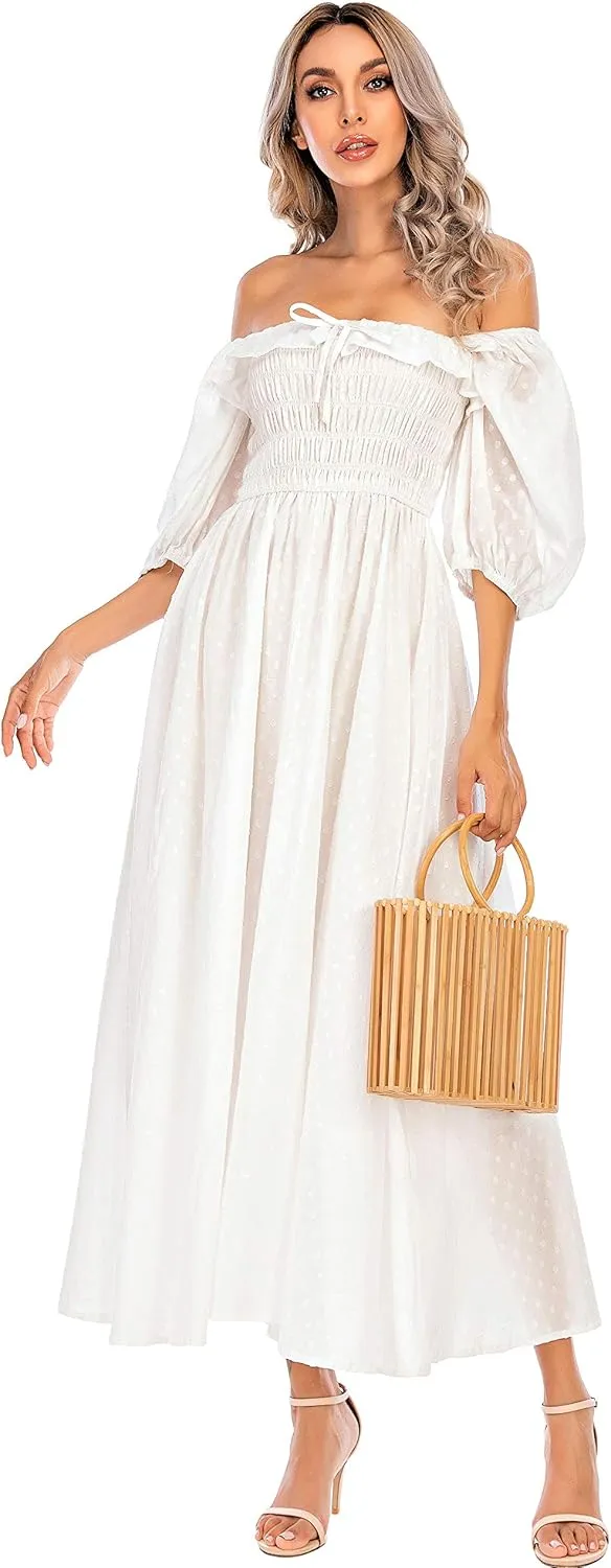 R.Vivimos Women Summer Half Sleeve Cotton Ruffled Vintage Elegant Backless A Line Flowy Long Dresses