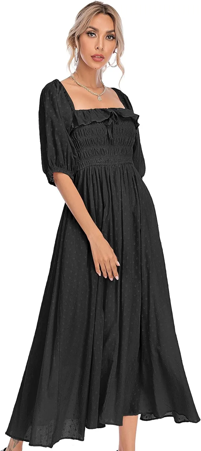 R.Vivimos Women Summer Half Sleeve Cotton Ruffled Vintage Elegant Backless A Line Flowy Long Dresses