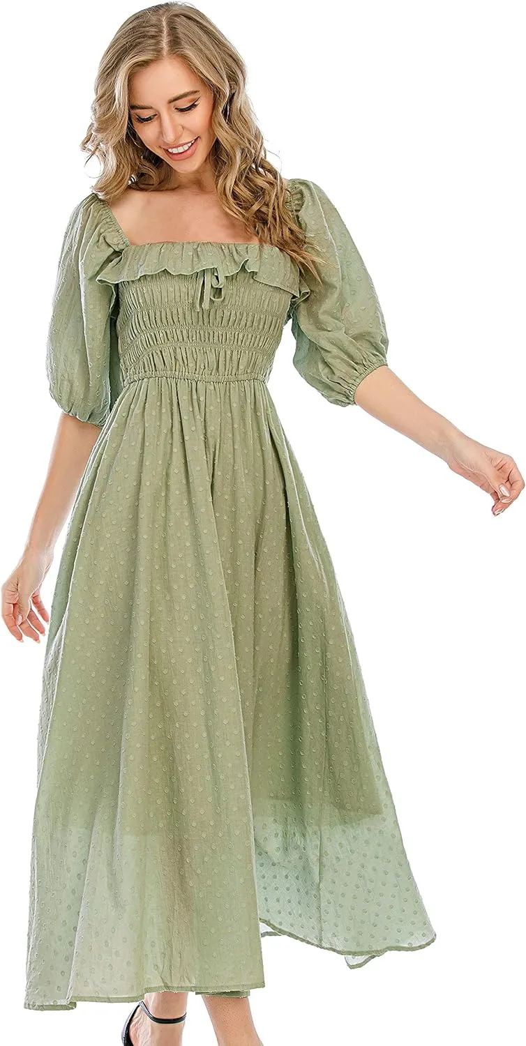 R.Vivimos Women Summer Half Sleeve Cotton Ruffled Vintage Elegant Backless A Line Flowy Long Dresses