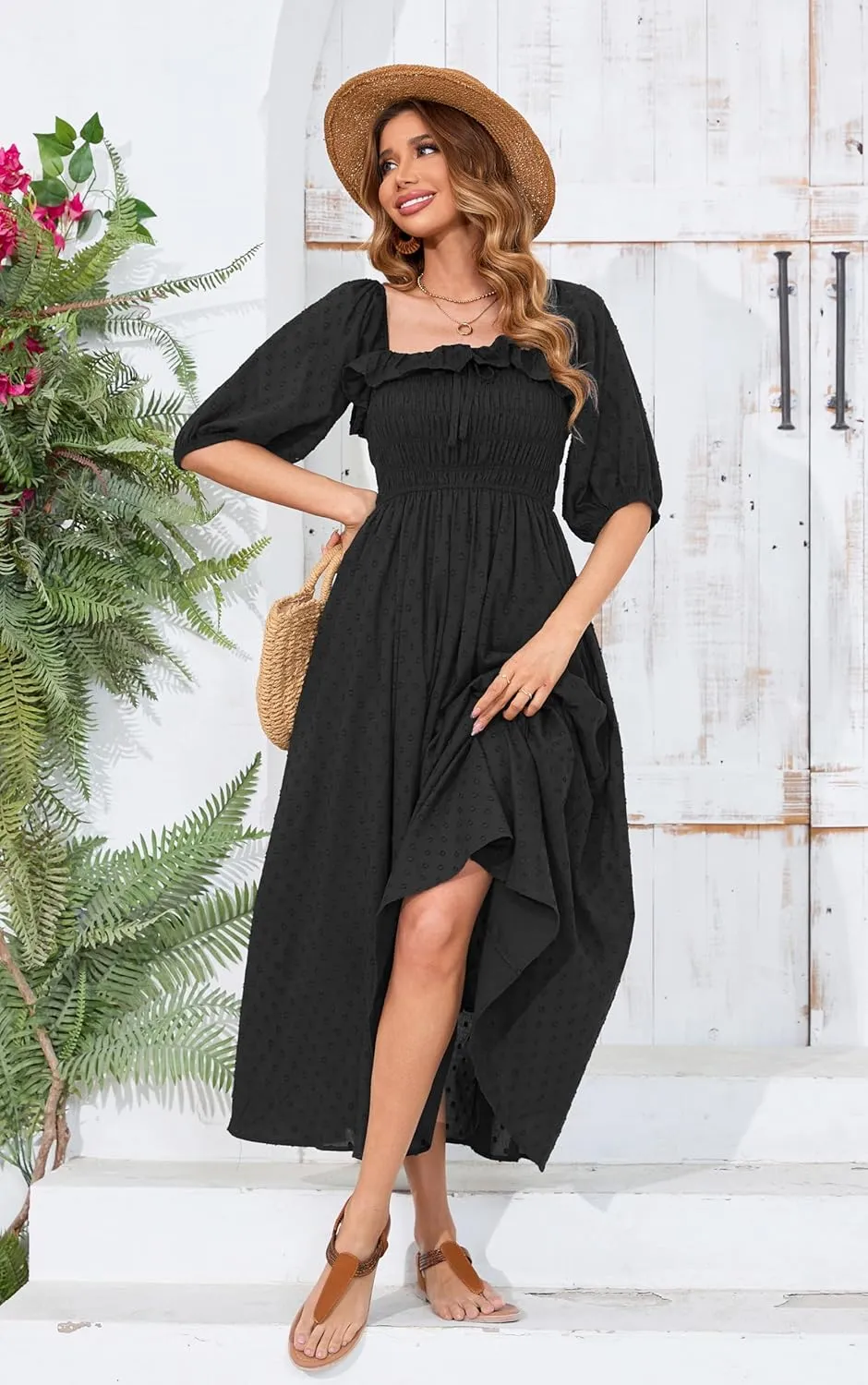 R.Vivimos Women Summer Half Sleeve Cotton Ruffled Vintage Elegant Backless A Line Flowy Long Dresses