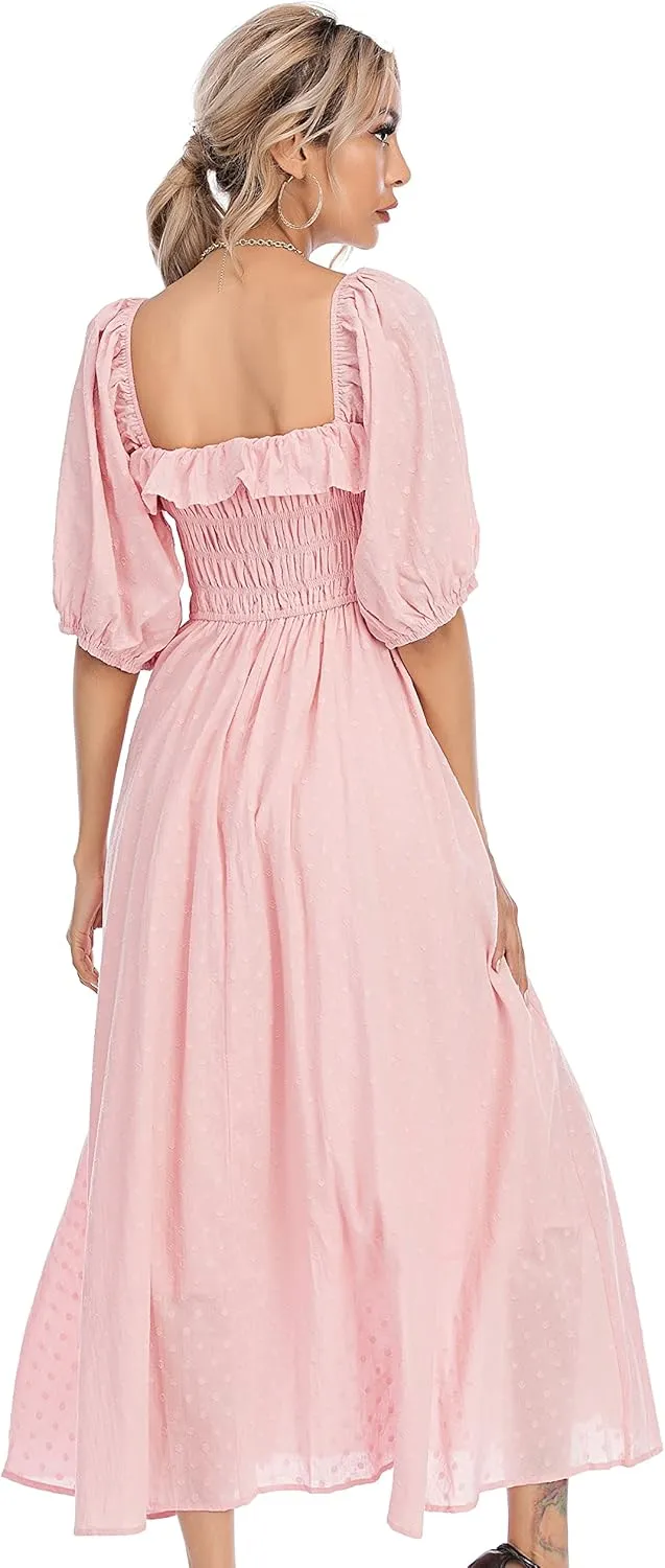 R.Vivimos Women Summer Half Sleeve Cotton Ruffled Vintage Elegant Backless A Line Flowy Long Dresses