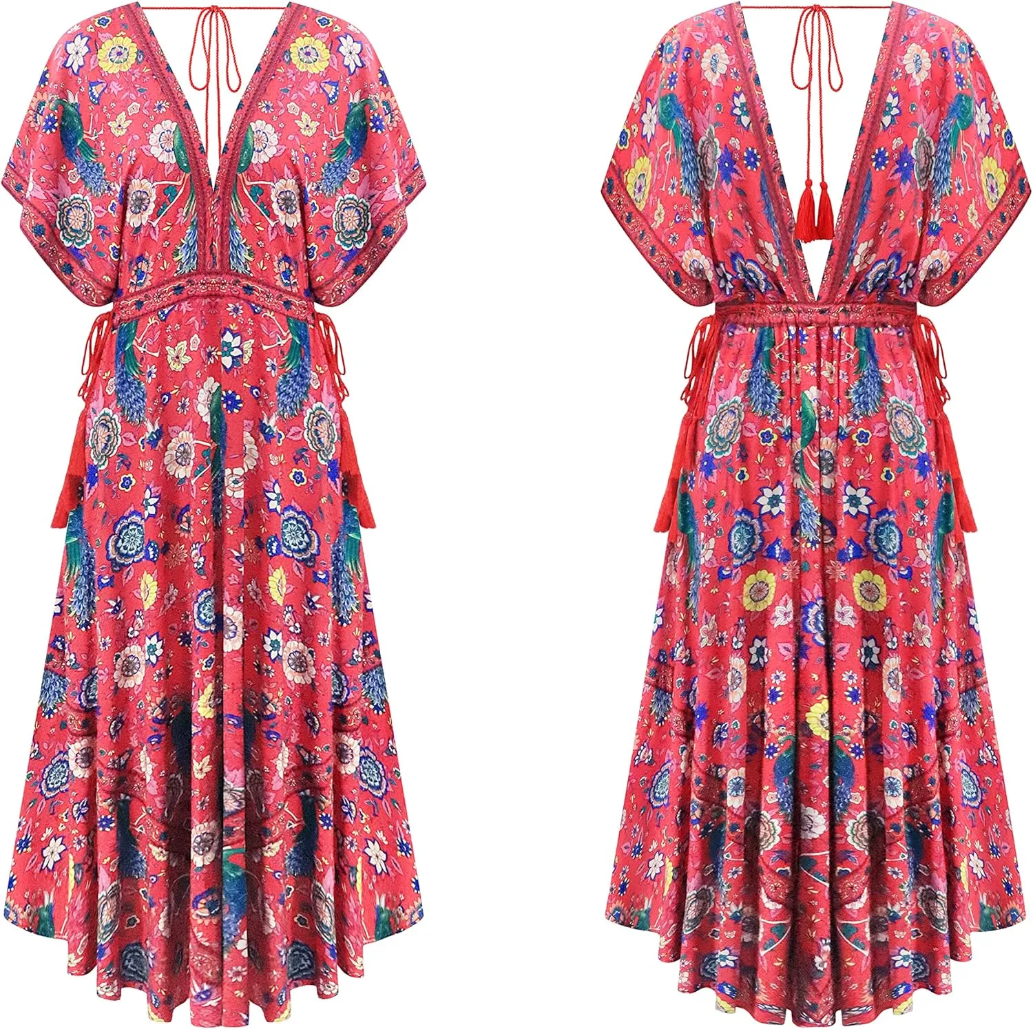 R.Vivimos Women Summer Print Deep V Neck Cotton Beach Long Dresses