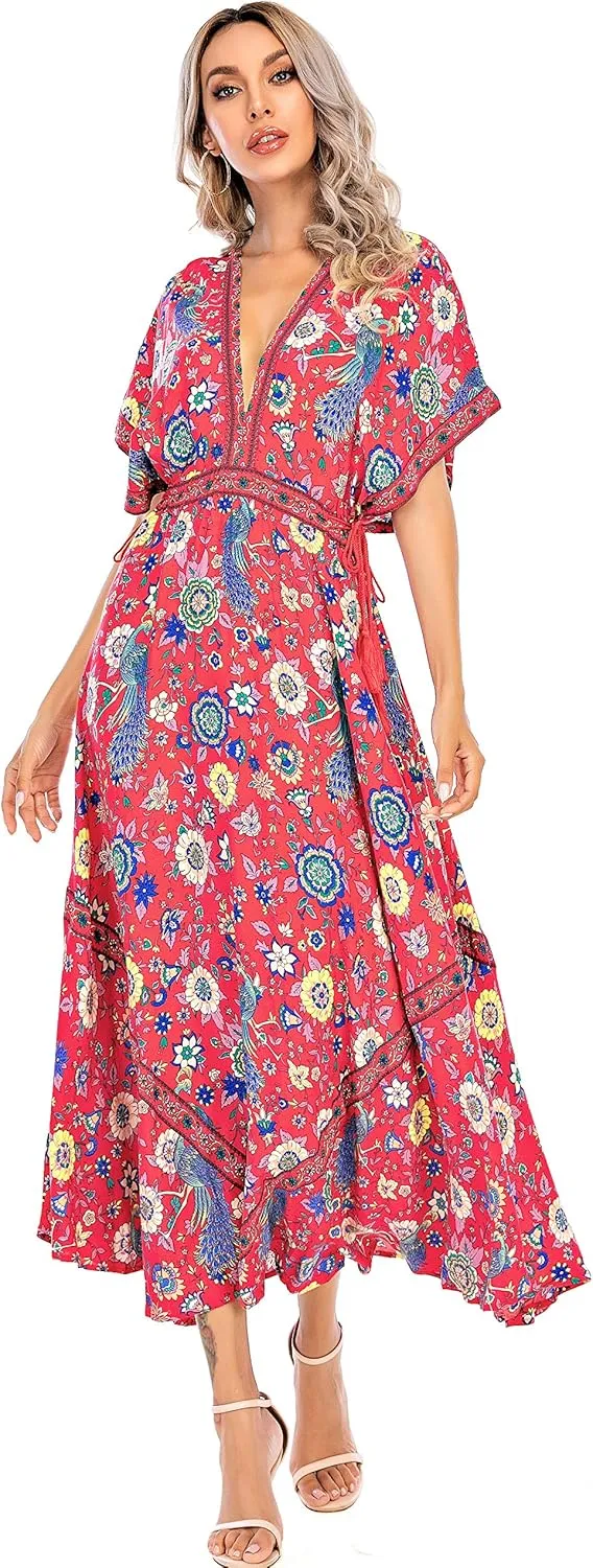R.Vivimos Women Summer Print Deep V Neck Cotton Beach Long Dresses