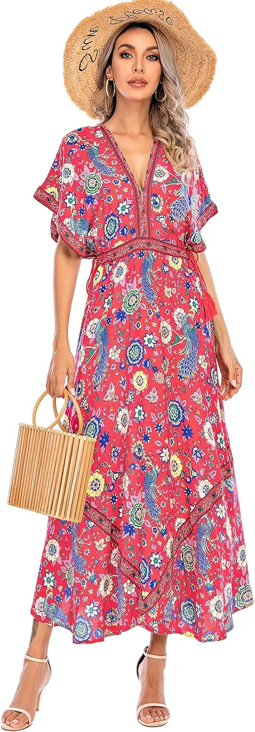 R.Vivimos Women Summer Print Deep V Neck Cotton Beach Long Dresses