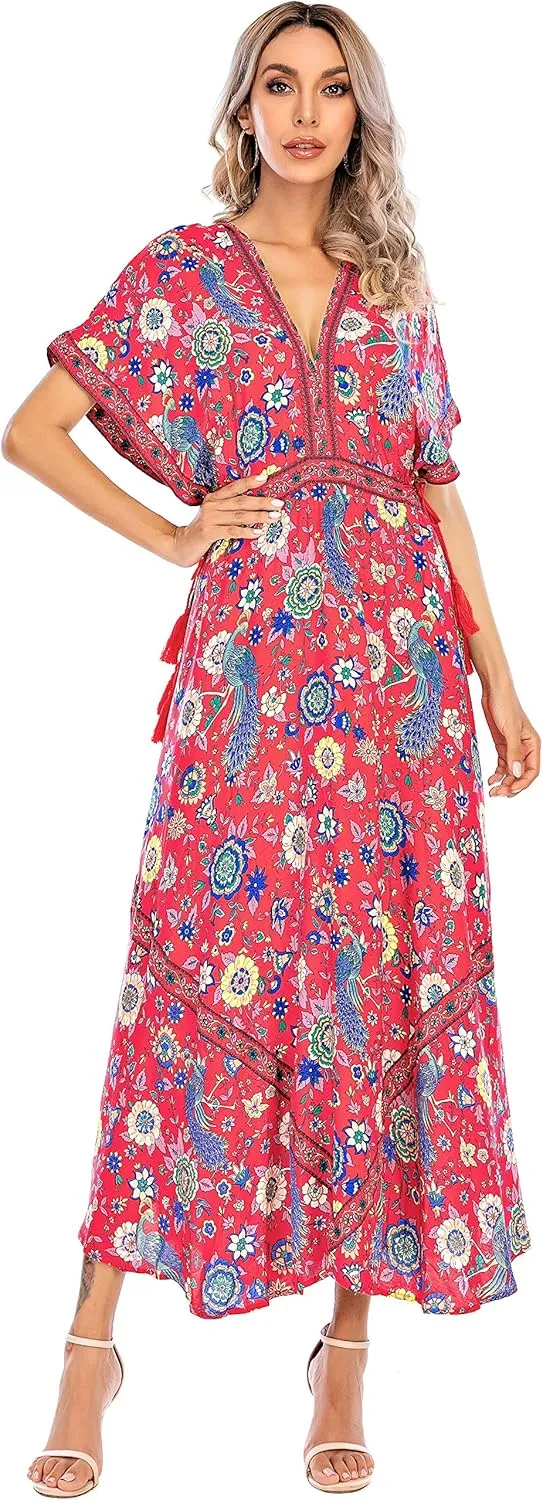 R.Vivimos Women Summer Print Deep V Neck Cotton Beach Long Dresses
