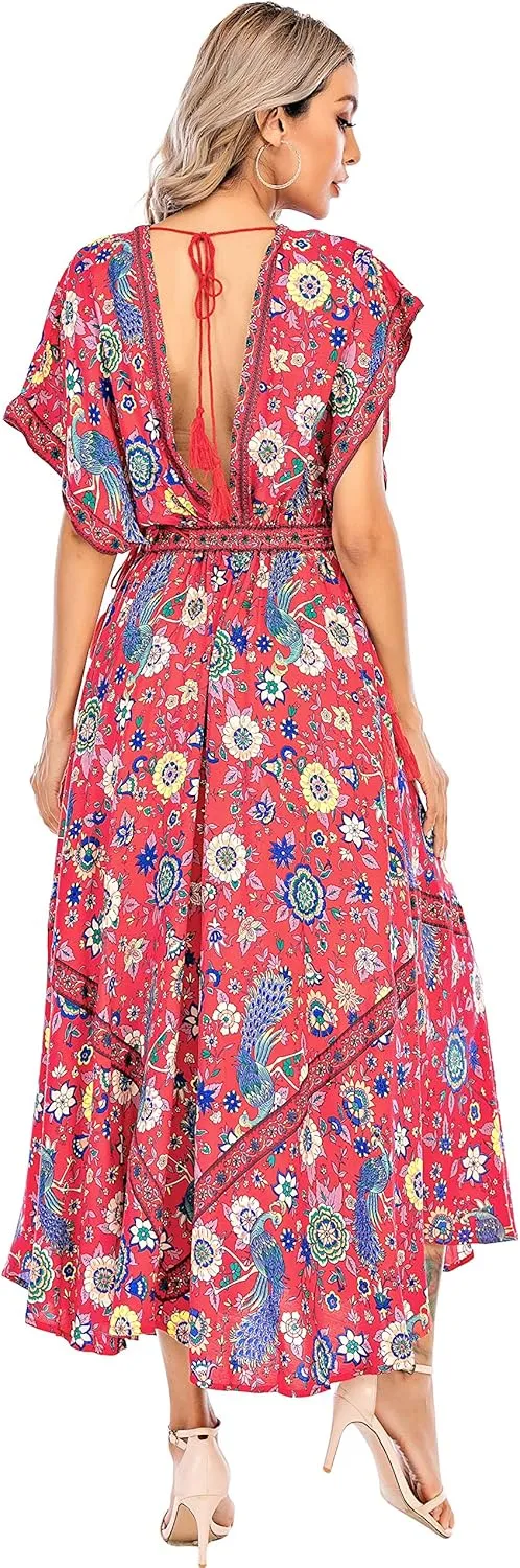 R.Vivimos Women Summer Print Deep V Neck Cotton Beach Long Dresses