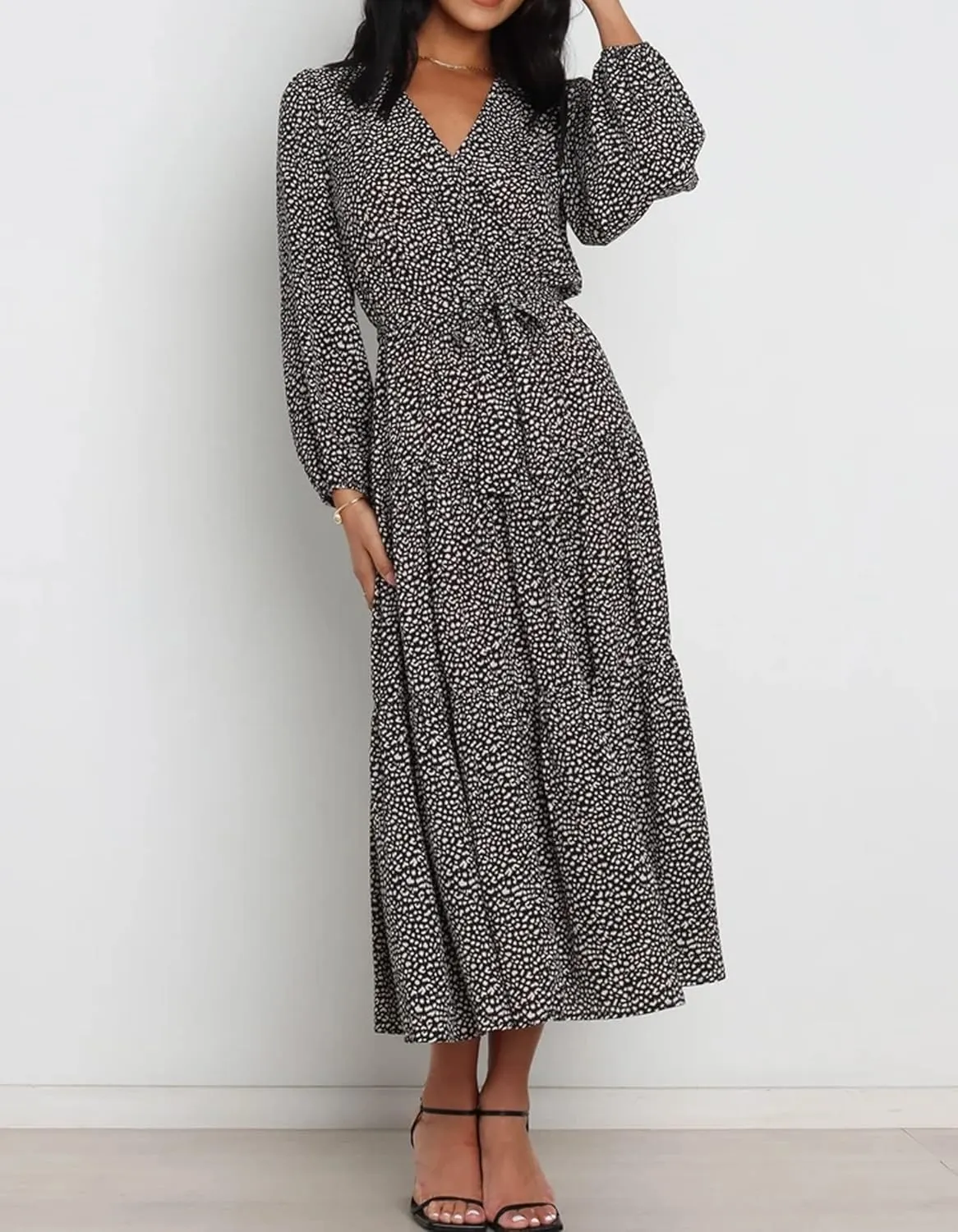R.Vivimos Women's Fall Long Sleeve Casual Dresses Wrap V Neck Polka Dots Tiered Ruffle Flowy Midi Dress with Belt
