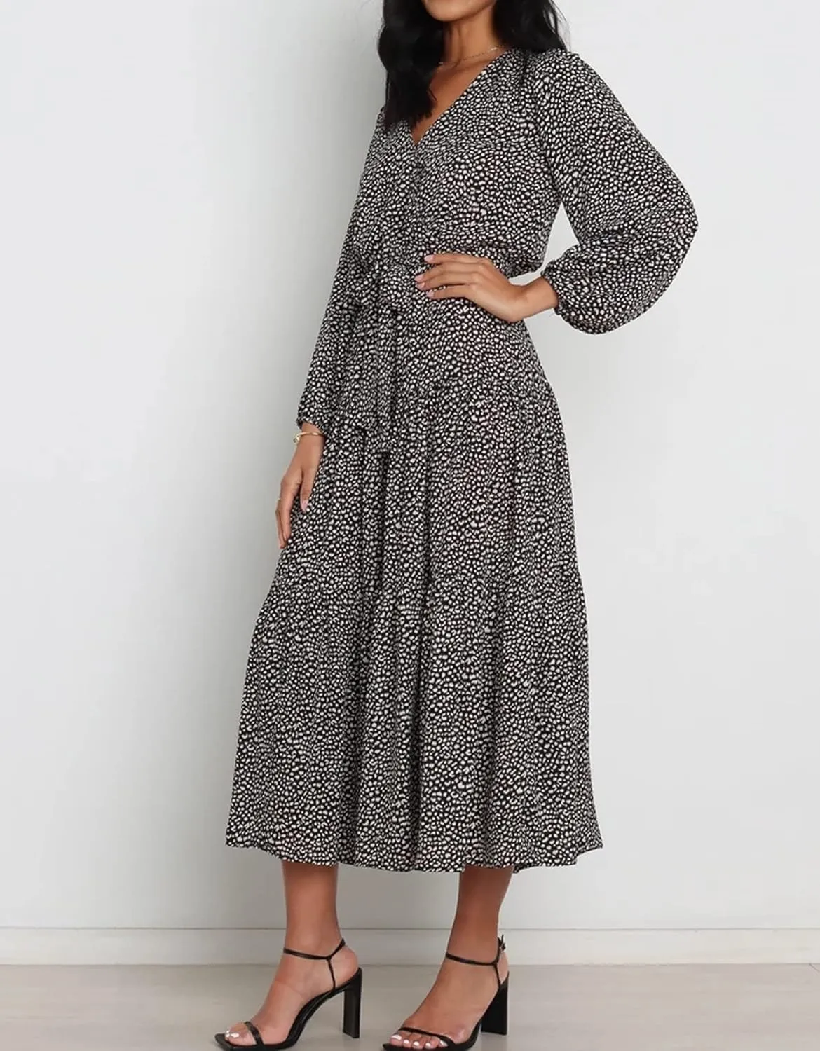 R.Vivimos Women's Fall Long Sleeve Casual Dresses Wrap V Neck Polka Dots Tiered Ruffle Flowy Midi Dress with Belt
