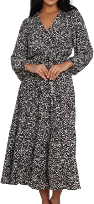 R.Vivimos Women's Fall Long Sleeve Casual Dresses Wrap V Neck Polka Dots Tiered Ruffle Flowy Midi Dress with Belt