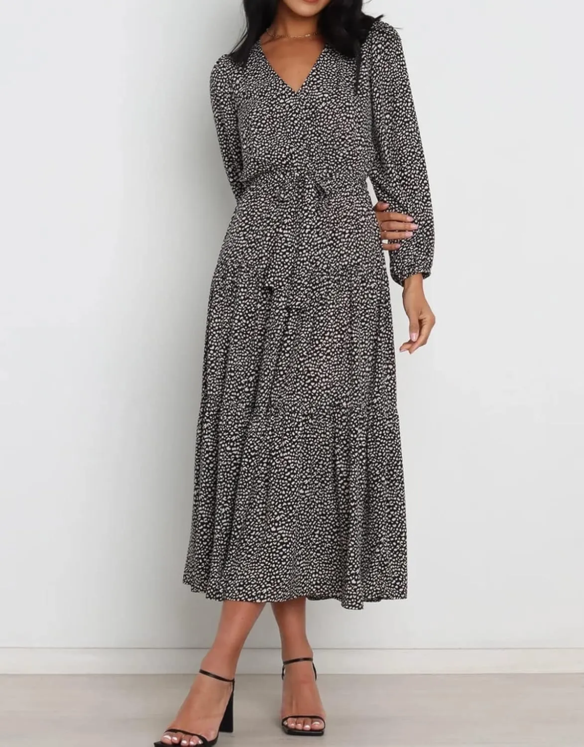 R.Vivimos Women's Fall Long Sleeve Casual Dresses Wrap V Neck Polka Dots Tiered Ruffle Flowy Midi Dress with Belt