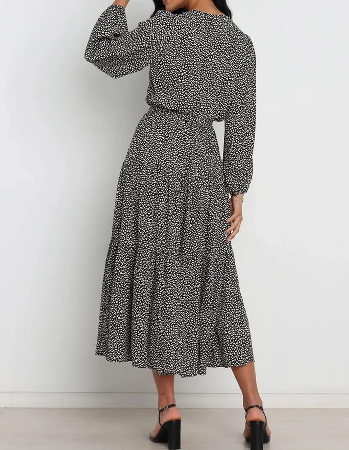 R.Vivimos Women's Fall Long Sleeve Casual Dresses Wrap V Neck Polka Dots Tiered Ruffle Flowy Midi Dress with Belt