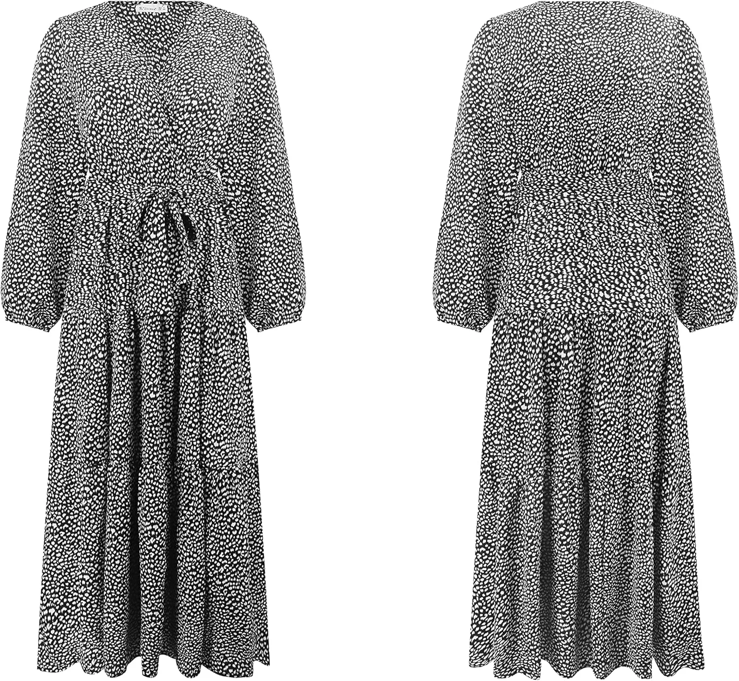 R.Vivimos Women's Fall Long Sleeve Casual Dresses Wrap V Neck Polka Dots Tiered Ruffle Flowy Midi Dress with Belt