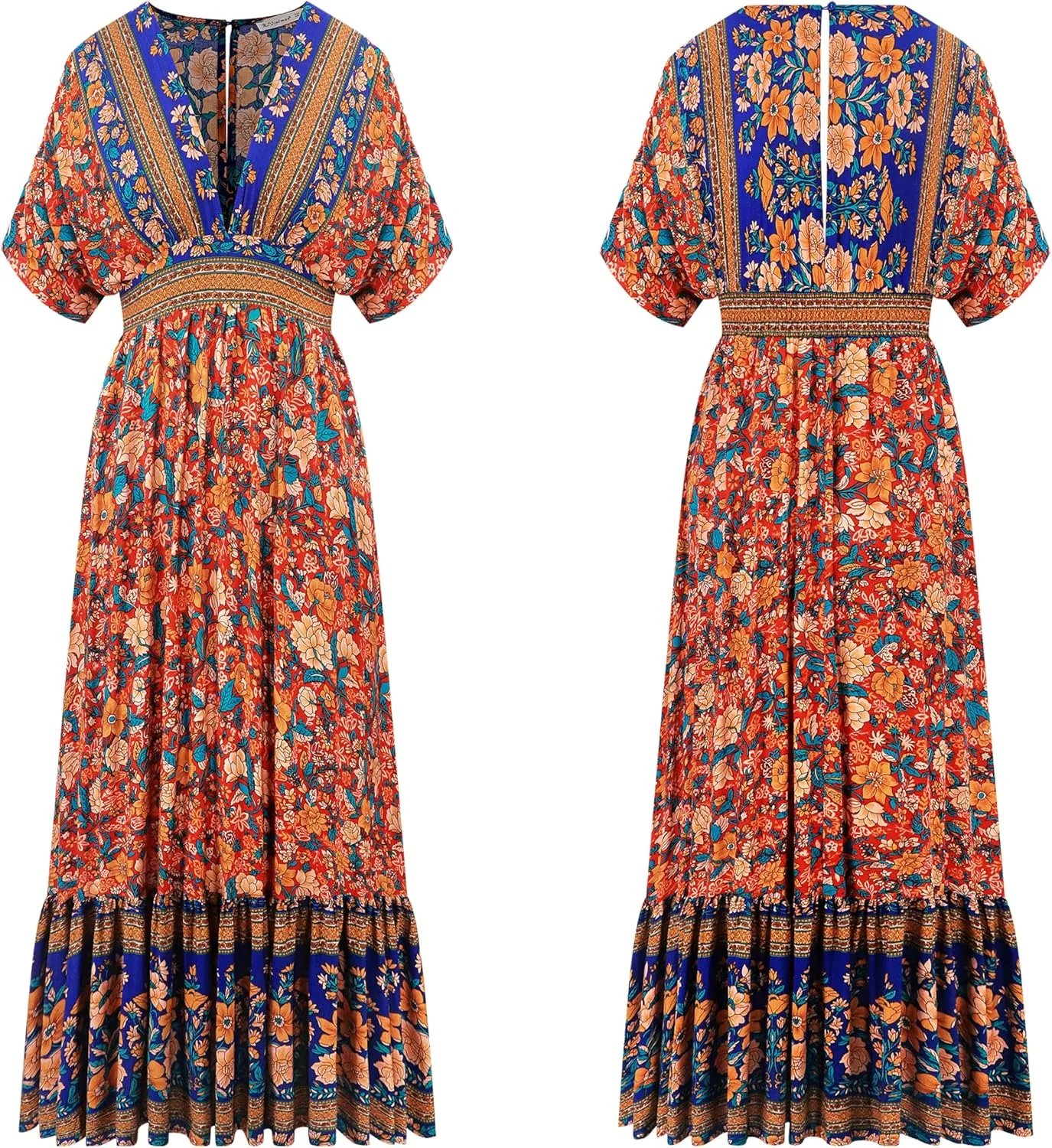 R.Vivimos Women's Summer Boho Floral Print Midi Dress Short Sleeve Deep V Neck Empire Waist Flowy Beach Dress with Pockets